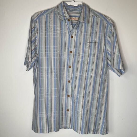 Tommy Bahama Blue-White-Gray Striped Short Sleeve Shirt in Size Medium - Picture 5 of 6